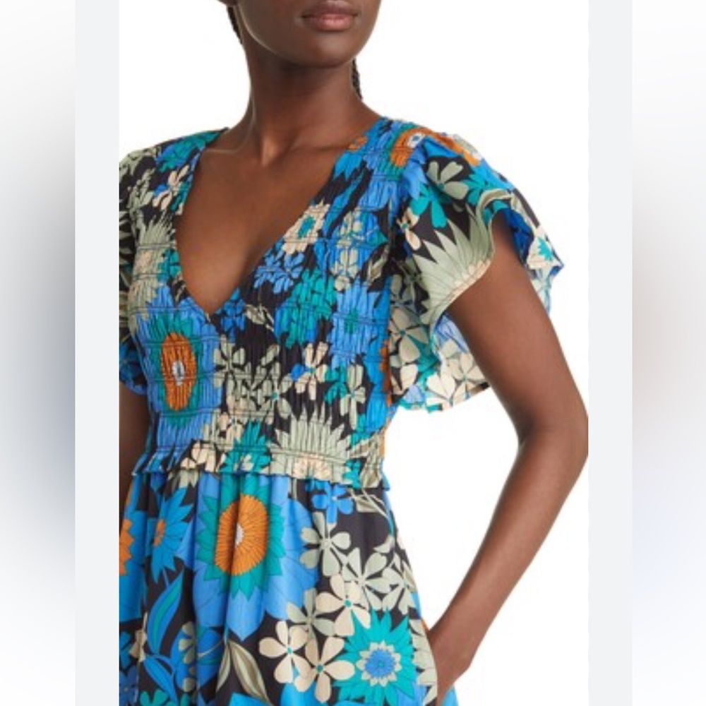 Rails Clementine Smocked NWOT Cotton Floral Dress Pockets Small fits Medium Midi - Picture 2 of 10